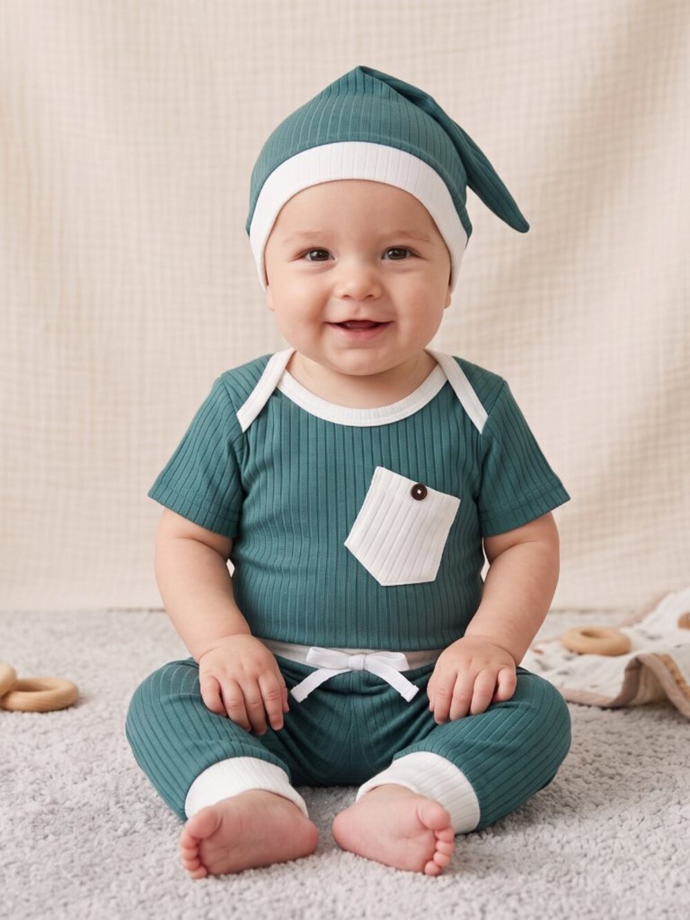 NIP | 3 Piece Ribbed Knit Bodysuit Pants & Hat Green Baby Outfit Set | 3-6 Month